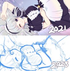 Rule 34 | apron, grey hair, hand on own stomach, looking at viewer, lying, maid, maid apron, maid headdress, on back, on bed, one eye closed, purple ribbon, ribbon, sketch, smile, vivi, vividly