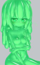 Rule 34 | blush, breasts, colored skin, curss, green eyes, green hair, green skin, highres, long hair, monster girl, navel, no nipples, nude, slime girl, small breasts
