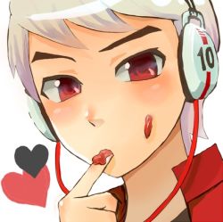 Rule 34 | 1boy, albedo (ben 10), albino, bad id, bad pixiv id, ben 10, ben 10: alien force, blush, chili fries, finger to mouth, headphones, heart, jacket, lowres, male focus, portrait, red eyes, say show, short hair, solo, upper body, white hair