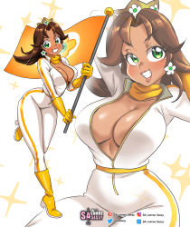 Rule 34 | 1girl, absurdres, bodysuit, boots, breasts, brown hair, cleavage, cowboy shot, crown, dark-skinned female, dark skin, earrings, flag, flower earrings, full body, gloves, green eyes, grin, highres, holding, holding flag, jewelry, large breasts, long hair, long sleeves, looking at viewer, mario (series), mario kart, mario kart wii, multiple views, nintendo, open clothes, parted bangs, princess daisy, race queen, sasa tseng, scarf, smile, solo, standing, standing on one leg, star (symbol), white background, white bodysuit, yellow footwear, yellow gloves