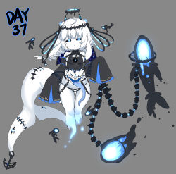Rule 34 | 1girl, :&lt;, absurdres, ahoge, bailingxiao jiu, bare shoulders, black sclera, black sleeves, blue eyes, blue fire, blue tongue, colored sclera, colored skin, colored tongue, crown of thorns, detached sleeves, extra mouth, fire, ghost, glowing, gluteal fold, grey background, half-closed eyes, halo, highres, long sleeves, original, panties, parted lips, simple background, sleeveless, sleeves past wrists, solo, spine, thigh gap, torn clothes, triangle mouth, underwear, white hair, white panties, white skin
