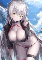 Rule 34 | 1girl, absurdres, ahoge, ale nqki, bikini, bird, black bikini, black jacket, blue sky, blush, breasts, choker, cleavage, closed mouth, cloud, collarbone, colored skin, commentary request, cropped jacket, day, fate/grand order, fate (series), gluteal fold, grey skin, hair between eyes, hand in own hair, highres, hip focus, holding, holding hair, jacket, jeanne d&#039;arc alter (swimsuit berserker) (fate), jeanne d&#039;arc (fate), jeanne d&#039;arc alter (fate), jeanne d&#039;arc alter (swimsuit berserker) (fate), large breasts, leaning forward, long hair, looking at viewer, navel, o-ring, open clothes, open jacket, pale skin, palm tree, pink thighhighs, shrug (clothing), silver hair, single thighhigh, sky, solo, sunlight, swimsuit, thigh strap, thighhighs, thighs, tree, very long hair, yellow eyes