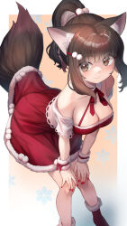 Rule 34 | 1girl, animal ears, breasts, brown eyes, brown hair, christmas, cleavage, closed mouth, commentary, dress, english commentary, fur-trimmed dress, fur-trimmed footwear, fur cuffs, fur trim, hair ornament, hairclip, halter dress, halterneck, hand on own knee, highres, leaning forward, looking at viewer, medium breasts, medium hair, mitake eil, nail polish, off-shoulder dress, off shoulder, original, red dress, red footwear, red nails, red ribbon, ribbon, short dress, short ponytail, short sleeves, sidelocks, smile, snowflakes, solo, standing, tail, wing collar