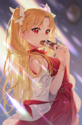 Rule 34 | 1girl, ahoge, artist name, bare shoulders, blonde hair, blush, bow, bracelet, commentary request, cowboy shot, dress, earrings, ereshkigal (fate), fate/grand order, fate (series), frilled dress, frills, gift, glint, hair ribbon, highres, holding, holding gift, jewelry, lens flare, long hair, off shoulder, parted lips, partial commentary, red bow, red dress, red eyes, ribbon, sleeveless, sleeveless dress, solo, starbottle, striped, twitter username, two side up, valentine, watermark, white ribbon