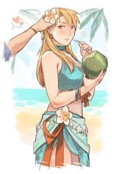 Rule 34 | 1girl, bikini, bikini skirt, blonde hair, bracelet, breasts, brown eyes, closed mouth, coconut, commentary request, drinking straw, earrings, flower, fullmetal alchemist, hair flower, hair ornament, heart, highres, jewelry, looking to the side, medium breasts, mixed-language commentary, navel, official alternate costume, raicchi (raicchi96), riza hawkeye, roy mustang, swimsuit