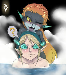 Rule 34 | 1boy, 1girl, ?, blonde hair, blush, colored sclera, covering own eyes, fang, grabbing, grabbing from behind, hair down, link, long hair, maniacpaint, midna, mixed-sex bathing, neon trim, nintendo, no headwear, nude, one eye closed, onsen, orange hair, partially submerged, pointy ears, red eyes, shared bathing, steam, the legend of zelda, the legend of zelda: twilight princess, very long hair, wink, yellow sclera