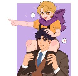 Rule 34 | !, 2boys, :d, age difference, aged down, blonde hair, blue eyes, blue hair, blue necktie, brown jacket, carrying, closed mouth, dio brando, fangs, heart, highres, huorili, jacket, jojo no kimyou na bouken, jonathan joestar, long sleeves, male focus, multiple boys, necktie, open mouth, phantom blood, pointing, scarf, short hair, shoulder carry, smile, spoken exclamation mark, spoken heart, vampire, vest