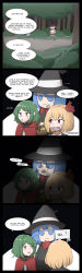 Rule 34 | 4koma, absurdres, black hair, blonde hair, blue hair, candy, cirno, comic, cosplay, costume, food, forest, frankenstein&#039;s monster, frankenstein&#039;s monster (cosplay), fumo (doll), green hair, highres, kijin seija, little red riding hood, mata (matasoup), nature, rumia, short hair, touhou, trapped, witch, wriggle nightbug