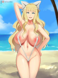Rule 34 | 1girl, arm up, artist name, bad id, bad pixiv id, beach, blonde hair, blue eyes, blue sky, bow, breasts, charlotte (fire emblem), day, devilukez, fire emblem, fire emblem fates, hair bow, large areolae, large breasts, long hair, nintendo, nipples, open mouth, outdoors, sky, slingshot swimsuit, solo, swimsuit, water, white bow