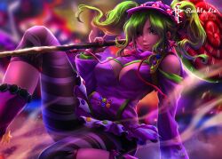 Rule 34 | 1girl, absurdres, bare shoulders, blurry, blurry background, breasts, candy, depth of field, detached sleeves, earrings, feet out of frame, female focus, food, fortnite, green eyes, green hair, highres, hood, jewelry, large breasts, lollipop, looking at viewer, medium breasts, open mouth, parted lips, pink skirt, rachta lin, short hair, short twintails, skirt, smile, solo, solo focus, star (symbol), star earrings, stocking, tagme, teeth, twintails, upper teeth only, zoey (fortnite)