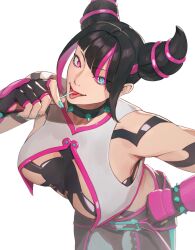 Rule 34 | 1girl, breasts, candy, capcom, food, han juri, highres, large breasts, lollipop, looking at viewer, multicolored hair, street fighter, street fighter 6
