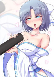 Rule 34 | 1girl, blush, bow, breasts, cleavage, collarbone, ehoumaki, food, grey hair, heart, highres, hip vent, holding, holding food, japanese clothes, kimono, large breasts, looking at viewer, makizushi, medium hair, naughty face, off shoulder, open mouth, parted bangs, phallic symbol, ponponmaru, ribbon-trimmed kimono, senran kagura, senran kagura shinovi versus, setsubun, sexually suggestive, solo, striped, striped bow, sushi, tongue, tongue out, white bow, white kimono, wide sleeves, yumi (senran kagura), zoom layer