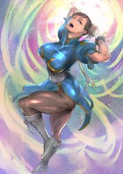 Rule 34 | 1girl, boots, bracelet, breasts, bun cover, capcom, china dress, chinese clothes, chun-li, double bun, dress, female focus, full body, jewelry, kishizuka kenji, large breasts, muscular, muscular female, pantyhose, pelvic curtain, solo, spiked bracelet, spikes, street fighter, thick thighs, thighs