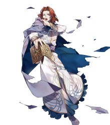 Rule 34 | 1boy, 88 taho, blue cape, blue eyes, book, cape, collar, cuts, fire emblem, fire emblem: thracia 776, fire emblem heroes, full body, highres, holding, holding book, injury, lips, long sleeves, male focus, nintendo, official art, open mouth, red hair, robe, saias (fire emblem), serious, short hair, solo, sweatdrop, teeth, torn cape, torn clothes, torn robe, transparent background, white footwear, white robe