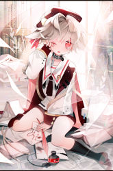 Rule 34 | 1boy, androgynous, rabbit, chain, collar, crying, drawing, ink, ink bottle, looking at viewer, male focus, official art, one eye closed, pink eyes, quill, rubbing eyes, saibai shounen, second-party source, silver hair, solo, tearing up, trap, yuni (saibai shounen)