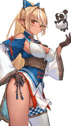 Rule 34 | 1girl, bare shoulders, blonde hair, breasts, brown gloves, checkered clothes, checkered legwear, cleavage, clothing cutout, dark-skinned female, dark skin, elf, gloves, guchico, hand on own hip, highres, hololive, kintsuba (shiranui flare), large breasts, long hair, looking at viewer, partially fingerless gloves, pointy ears, red eyes, shiranui flare, shiranui flare (old design), shoulder cutout, single thighhigh, solo, thighhighs, virtual youtuber, white background, white thighhighs, wide sleeves