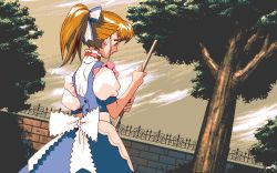 Rule 34 | 1990s (style), 1boy, 1girl, 2 shot diary 2, animated, animated gif, apron, dutch angle, game cg, high ponytail, holding another&#039;s wrist, outdoors, pc98, puffy short sleeves, puffy sleeves, retro artstyle, running bond, short sleeves, tagme, tree, wall, white apron, yukari (2 shot diary 2)