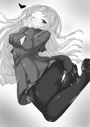 Rule 34 | 1girl, ;), absurdres, ao daidai ki, assault lily, belt, belt buckle, blunt bangs, blunt ends, blush, breasts, buckle, closed mouth, commentary, floating hair, foot out of frame, from side, gradient background, grey background, greyscale, hand to own mouth, hands up, heart, high-waist skirt, highres, jewelry, jumping, kanba girls high school uniform, legs up, loafers, long hair, long sleeves, looking at viewer, looking to the side, medium breasts, midair, miniskirt, miyagawa takane, monochrome, necktie, one eye closed, pantyhose, ring, sailor collar, school uniform, serafuku, shirt, shoes, short necktie, skirt, smile, solo, upskirt, very long hair, white background, white necktie
