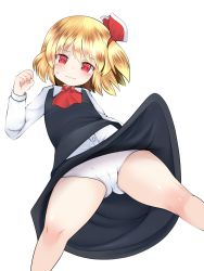 Rule 34 | 1girl, ascot, bare legs, black skirt, blonde hair, blush, cameltoe, closed mouth, clothes lift, doku corne, gluteal fold, hair ribbon, highres, lifted by self, long sleeves, panties, pantyshot, red eyes, red ribbon, ribbon, rumia, simple background, skirt, skirt lift, skirt set, solo, standing, sweatdrop, touhou, underwear, vest, white background, white panties