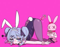 Rule 34 | 1girl, :p, animal ears, bare shoulders, black footwear, black ribbon, blue eyes, blue hair, facial mark, fake animal ears, fake tail, fang, fishnet pantyhose, fishnets, gradient hair, hair intakes, hair ornament, hair ribbon, hairband, hashtag-only commentary, hatsune miku, heart, heart hair ornament, highres, leotard, multicolored hair, on floor, pantyhose, pink background, pink hair, pink pupils, playboy bunny, rabbit, rabbit ears, rabbit hole (vocaloid), rabbit tail, ribbon, seonmeoseum, sidelocks, simple background, single tear, skin fang, squiggle, sweatdrop, syringe, tail, teardrop facial mark, tongue, tongue out, top-down bottom-up, twintails, vocaloid, white hairband, x hair ornament