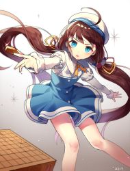 Rule 34 | 10s, 1girl, absurdres, ahoge, artist name, azit (down), beret, between fingers, blue dress, blue eyes, blush, board game, brown hair, commentary request, dress, gradient background, grey background, hair ribbon, hat, highres, hinatsuru ai, holding, layered sleeves, long hair, long sleeves, looking at viewer, low twintails, outstretched arms, parted lips, puffy short sleeves, puffy sleeves, ribbon, ryuuou no oshigoto!, school uniform, shogi, short over long sleeves, short sleeves, solo, twintails, v-shaped eyebrows, very long hair, white background, white hat, yellow ribbon