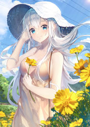 Rule 34 | 1girl, a maru, artist name, bad id, bad pixiv id, bag, bare shoulders, blue eyes, blue sky, blush, breasts, cleavage, closed mouth, cloud, collarbone, commentary request, cowboy shot, day, dress, floating hair, flower, hand in own hair, hand up, hat, highres, long hair, medium breasts, original, outdoors, power lines, shoulder bag, silver hair, sky, sleeveless, sleeveless dress, smile, solo, sun hat, sundress, very long hair, wind, yellow flower