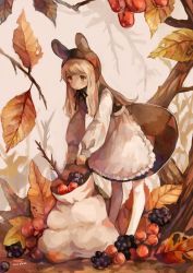 Rule 34 | 1girl, animal hat, apron, artist name, autumn leaves, berry, blonde hair, blush, brown dress, brown eyes, closed mouth, dress, frilled apron, frills, full body, hat, holding, leaning forward, long hair, long sleeves, mini person, minigirl, miu pachi, original, pantyhose, sack, solo, standing, twig, very long hair, waist apron, white pantyhose