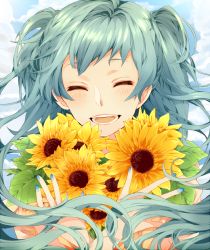 Rule 34 | 1girl, aqua hair, blush, bouquet, closed eyes, flower, happy, hatsune miku, long hair, nail polish, open mouth, smile, solo, sunflower, swept bangs, twintails, vocaloid, youchi-0003