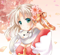 Rule 34 | 1girl, animal scarf, arch bishop (ragnarok online), bell, blush, breasts, cleavage, cleavage cutout, closed mouth, clothing cutout, commentary request, cross, dress, flower, green eyes, grey hair, hair bell, hair flower, hair ornament, jingle bell, looking at viewer, lowres, medium breasts, medium hair, momozakura nanao, pink flower, ragnarok online, red dress, scarf, smile, solo, split mouth, two-tone dress, upper body, white dress, white scarf