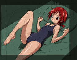 Rule 34 | 10s, 1girl, bed, hino akane (smile precure!), lying, on back, one-piece swimsuit, pillow, precure, red eyes, red hair, rohitsuka, short hair, smile precure!, solo, swimsuit