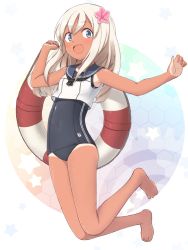 Rule 34 | 10s, 1girl, :d, bare legs, bare shoulders, barefoot, blonde hair, blue eyes, covered navel, crop top, engiyoshi, flower, hair flower, hair ornament, honeycomb (pattern), honeycomb background, honeycomb pattern, kantai collection, lifebuoy, long hair, looking at viewer, neckerchief, one-piece swimsuit, open mouth, ro-500 (kancolle), sailor collar, school swimsuit, simple background, skin tight, smile, solo, swim ring, swimsuit, tan, tanline