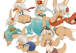 Rule 34 | 1other, alternate costume, androgynous, bad id, bad twitter id, blush, brown eyes, closed mouth, flower, furry, goggles, goggles on head, hair flower, hair ornament, highres, japanese clothes, kawasemi27, kimono, looking at viewer, looking away, made in abyss, nanachi (made in abyss), short hair, smile, white hair