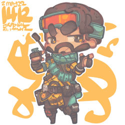 Rule 34 | 1boy, animification, apex legends, black footwear, black gloves, blue scarf, bodysuit, brown hair, chibi, dated, facial hair, fingerless gloves, gloves, goatee, goggles, goggles on head, highres, jrpencil, mirage (apex legends), pointing, radio antenna, scarf, smile, solo, thick eyebrows, v-shaped eyebrows, yellow bodysuit