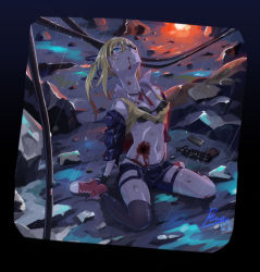 Rule 34 | 1girl, 2017, black bra, black shorts, black thighhighs, blonde hair, blood, blood from mouth, blood on face, blue eyes, bra, breasts, cable, choker, comand3, commentary, crying, crying with eyes open, dated, eyepatch, fire, full body, girls&#039; frontline, gun, gunshot wound, hair between eyes, looking up, machine pistol, magazine (weapon), medium breasts, navel, night, on ground, outdoors, parted lips, personal defense weapon, rain, red footwear, rock, shirt, shoes, shorts, signature, single thighhigh, sitting, skorpion (girls&#039; frontline), skorpion vz. 61, solo, submachine gun, tears, thighhighs, torn clothes, torn shirt, twintails, underwear, wariza, weapon, wet
