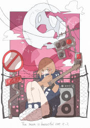 Rule 34 | 1girl, absurdres, bandaid, bandaid on leg, black socks, blush, brown eyes, brown hair, cloud, cloudy sky, covered mouth, english text, fence, guitar, haru57928031, highres, holding, holding instrument, instrument, knees up, long sleeves, looking at viewer, original, red sky, shoes, short hair, sign, sky, socks, solo, traffic light, white footwear, wide shot
