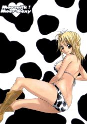 Rule 34 | 1girl, animal print, bikini, blonde hair, boots, breasts, brown eyes, cow, cow print, cowboy boots, earrings, fairy tail, female focus, highres, jewelry, large breasts, lucy heartfilia, mashima hiro, milk, short hair, sideboob, smile, solo, swimsuit