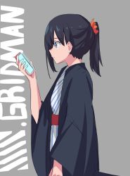Rule 34 | 1girl, absurdres, alternate hairstyle, black hair, blue eyes, cellphone, commentary, copyright name, from side, grey background, gridman universe, hair ornament, hair scrunchie, highres, holding, holding phone, japanese clothes, kimono, long hair, looking at phone, orange scrunchie, phone, ponytail, scrunchie, simple background, sitnon, smartphone, solo, ssss.gridman, striped clothes, striped kimono, takarada rikka, yukata