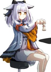 Rule 34 | 1girl, absurdres, arknights, armband, bare legs, bright pupils, coat, commentary, dress, feet out of frame, goggles, goggles around neck, grey coat, grey dress, highres, holding chess piece, looking at viewer, orange eyes, owl ears, owl girl, pout, ptilopsis (arknights), rhine lab logo, riu kawano, serious, short hair, simple background, sketch, solo, stool, table, white background, white pupils