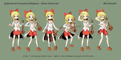 Rule 34 | 1girl, blonde hair, bow, character name, character sheet, commentary, detached sleeves, erhu, expressions, green background, hair bow, highres, instrument, mary janes, multiple views, open mouth, satsuki rin, shoes, simple background, sixten, skirt, sleeveless, torn clothes, touhou, yellow eyes