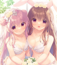 Rule 34 | 2girls, :d, animal ears, backlighting, bare shoulders, bouquet, bra, braid, breasts, brown eyes, brown hair, cleavage, closed mouth, collarbone, commentary request, double bun, flower, frilled bra, frills, hair between eyes, hair bun, hair flower, hair ornament, holding, holding bouquet, medium breasts, multiple girls, open mouth, original, panties, pink hair, rabbit ears, red eyes, rose, see-through, side-tie panties, small breasts, smile, underwear, veil, white bra, white flower, white panties, white rose, window, yukie (peach candy)