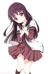 Rule 34 | 1girl, black hair, black socks, blush, brown sailor collar, closed mouth, collarbone, commentary, dress, expressionless, hand on own chest, highres, hime cut, long hair, looking at viewer, matsumoto rise, mearian, nanamori school uniform, own hands together, red dress, red eyes, sailor collar, school uniform, shirt, simple background, socks, solo, twitter username, white background, white shirt, yuru yuri