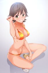 Rule 34 | 10s, 1girl, bare shoulders, bikini, breasts, brown eyes, brown hair, grin, groin, twirling hair, highres, honda mio, idolmaster, idolmaster cinderella girls, indian style, jewelry, looking at viewer, necklace, no socks, q (ed69), shadow, shiny skin, shoes, short hair, sideboob, sitting, smile, sneakers, solo, swimsuit