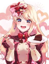 Rule 34 | 1girl, absurdres, blonde hair, blue eyes, blush, cake, chocolate cake, choker, dress, earrings, food, hair ornament, hair ribbon, heart, highres, holding, jewelry, long hair, looking at viewer, macross, macross frontier, nail polish, open mouth, ribbon, ribbon choker, sechi (stst1850), sheryl nome, smile, solo, valentine