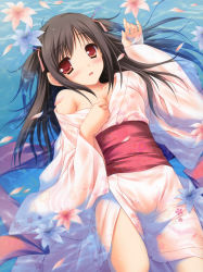 Rule 34 | 1girl, :d, absurdres, black hair, blush, breasts, cleavage, flower, hair ribbon, hanairo heptagram, highres, japanese clothes, kimono, lying, moekibara fumitake, nipples, off shoulder, open mouth, partially submerged, petals, red eyes, ribbon, see-through, smile, two side up, wakamura izuki, water, wet, wet clothes