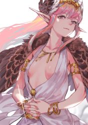 Rule 34 | 1girl, armlet, bracelet, breasts, circe (fate), fate/grand order, fate (series), fingernails, gradient eyes, head wings, highres, hm (hmtm0310), jewelry, long fingernails, long hair, multicolored eyes, necklace, own hands together, pink hair, pointy ears, small breasts, solo, white background, wings