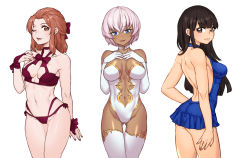 Rule 34 | 3girls, ;), aesice, back, backless dress, backless outfit, bare back, bare shoulders, black hair, blue dress, blue eyes, bow, bra, breasts, bridal gauntlets, brown eyes, brown hair, choker, closed mouth, commentary request, cowboy shot, dark-skinned female, dark skin, dress, elbow gloves, gloves, gold trim, hair between eyes, hair bow, halter dress, halterneck, hands on own chest, highleg, highleg leotard, large breasts, leotard, lingerie, long hair, looking at viewer, looking back, medium breasts, medium hair, microdress, multi-strapped panties, multiple girls, nail polish, navel, o-ring, o-ring choker, one eye closed, open mouth, original, panties, parted lips, pink hair, pink nails, purple bow, purple bra, purple panties, short hair, smile, stomach, strapless, strapless leotard, thighhighs, underwear, underwear only, white background, white choker, white gloves, white legwear, white leotard