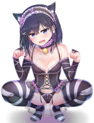 Rule 34 | 1girl, :o, absurdres, adagaki aki, animal ear fluff, animal ears, bare shoulders, bell, black hair, black panties, blue eyes, blush, breasts, breasts apart, bridal gauntlets, bustier, cat ears, collarbone, cross-laced clothes, detached collar, fang, flower, full body, hair ornament, hairclip, hands up, headdress, highres, jingle bell, lingerie, looking at viewer, masamune-kun no revenge, medium hair, navel, panties, paw pose, purple flower, rose, see-through, shadow, sidelocks, simple background, small breasts, solo, squatting, striped clothes, striped thighhighs, sunhyun, teeth, thighhighs, underwear, underwear only, v-shaped eyebrows, white background