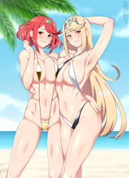 Rule 34 | 2girls, arm up, armpits, bare shoulders, beach, bikini, blonde hair, blue sky, blurry, blurry background, breasts, cleavage, closed mouth, collarbone, cowboy shot, day, dual persona, earrings, female focus, hair ornament, highres, jewelry, large breasts, lindaroze, long hair, looking at viewer, matching hair/eyes, multiple girls, mythra (xenoblade), navel, ocean, open mouth, outdoors, palm tree, patreon username, pyra (xenoblade), red eyes, red hair, shiny skin, short hair, sky, slingshot swimsuit, smile, standing, swimsuit, thighs, tiara, tree, twitter username, two-tone swimsuit, watermark, web address, xenoblade chronicles (series), xenoblade chronicles 2, yellow bikini, yellow eyes
