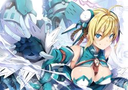 Rule 34 | 1girl, absurdres, ahoge, armor, blonde hair, blue eyes, braid, breasts, closed mouth, gloves, highres, large breasts, looking at viewer, mecha musume, original, outstretched hand, shiny skin, short hair, smile, solo, upper body, zelitto