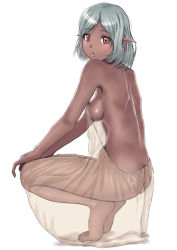 Rule 34 | 1girl, :o, ass, back, bare back, bare shoulders, barefoot, breasts, brown eyes, butt crack, dark-skinned female, dark skin, derivative work, feet, from side, full body, hands on own knees, lingerie, looking at viewer, medium breasts, muffin (sirumeria), parted lips, pointy ears, see-through, short hair, sideboob, silver hair, simple background, solo, tiptoes, underwear, white background